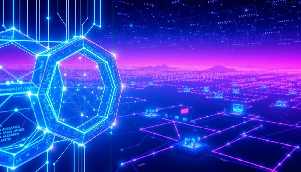 A digital illustration of smart contracts in Texit Coin trading. In the foreground, a series of interlocking blockchain blocks representing complex smart contract agreements. Glowing lines of code and data flows between the blocks, showcasing the automated execution and transparency of the decentralized trading system. In the middle ground, a network of Texit Coin wallets and trading terminals, with users interacting through a sleek, minimalist user interface. In the background, a vast landscape of interconnected blockchain nodes, radiating an aura of technological sophistication. The overall scene is bathed in a cool, neon-tinged color palette, reflecting the cutting-edge nature of the Texit Coin Dex platform.