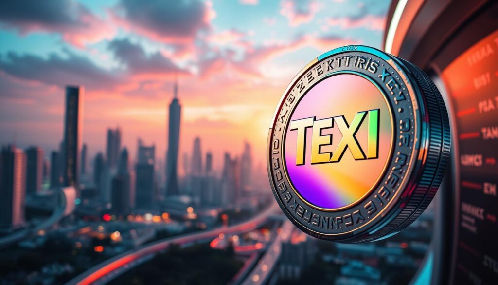 A digital landscape depicting the future of Texit Coin. In the foreground, a gleaming, three-dimensional Texit coin hovers, its surface reflecting a kaleidoscope of colors. The midground features a futuristic city skyline, with towering skyscrapers and gleaming transport tubes. The background is filled with a vibrant, neon-tinged sky, hinting at the coin's growing value and market potential. The lighting is sharp and dramatic, casting shadows that add depth and dimension. The overall composition conveys a sense of technological advancement and financial prosperity, capturing the essence of the Texit Coin's promising future.