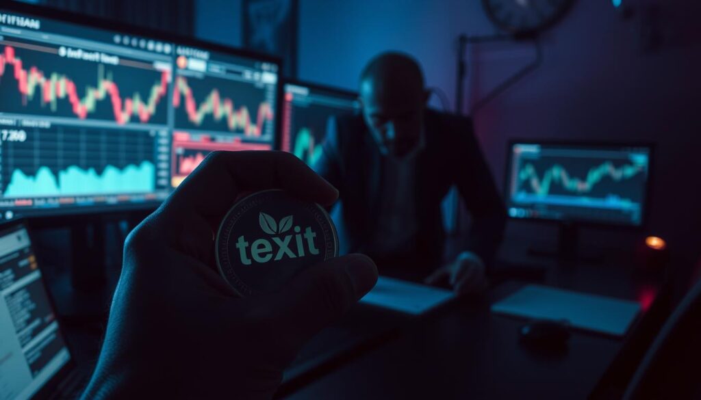 A dimly lit financial trading desk, with an array of monitors displaying fluctuating charts and graphs. In the foreground, a hand holds a Texit Coin, its metallic surface catching the soft glow of the screens. Ominous shadows loom in the background, hinting at the uncertainty and risk associated with investing in this nascent cryptocurrency. The atmosphere is tense and foreboding, with a sense of unease permeating the scene. Cool, blue-tinted lighting casts an eerie pallor over the tableau, underscoring the precarious nature of this investment opportunity.