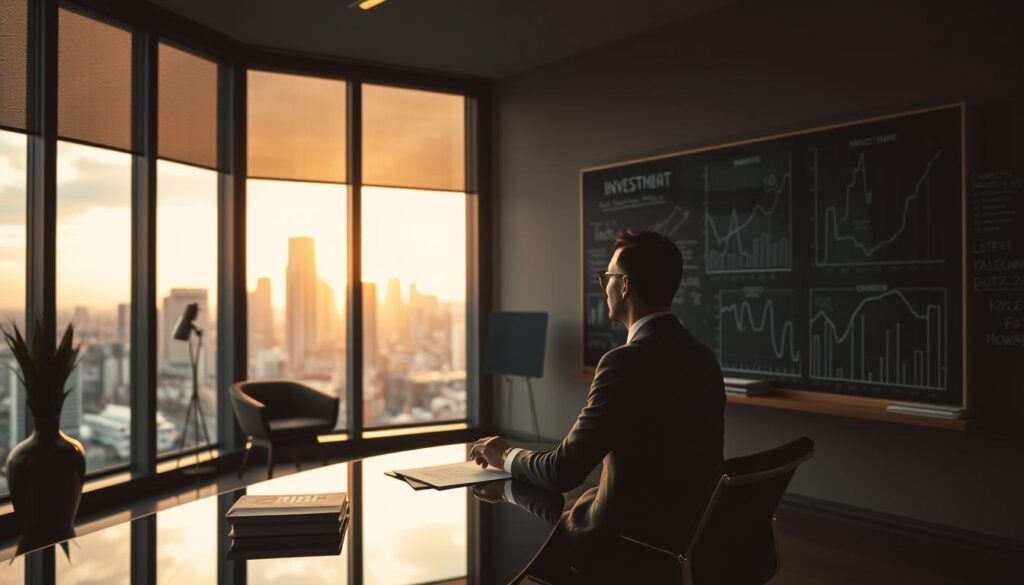 A dimly lit office with a modern, minimalist aesthetic. In the foreground, a businessman in a tailored suit sits at a sleek glass desk, deep in thought, surrounded by financial documents and a laptop. The middle ground features a large window overlooking a bustling city skyline, casting a warm, golden glow across the room. In the background, a large chalkboard displays complex charts and graphs, representing the complexities of investment risk management. The overall atmosphere is one of contemplation and concentration, conveying the importance of carefully navigating the risks and opportunities in the world of finance.