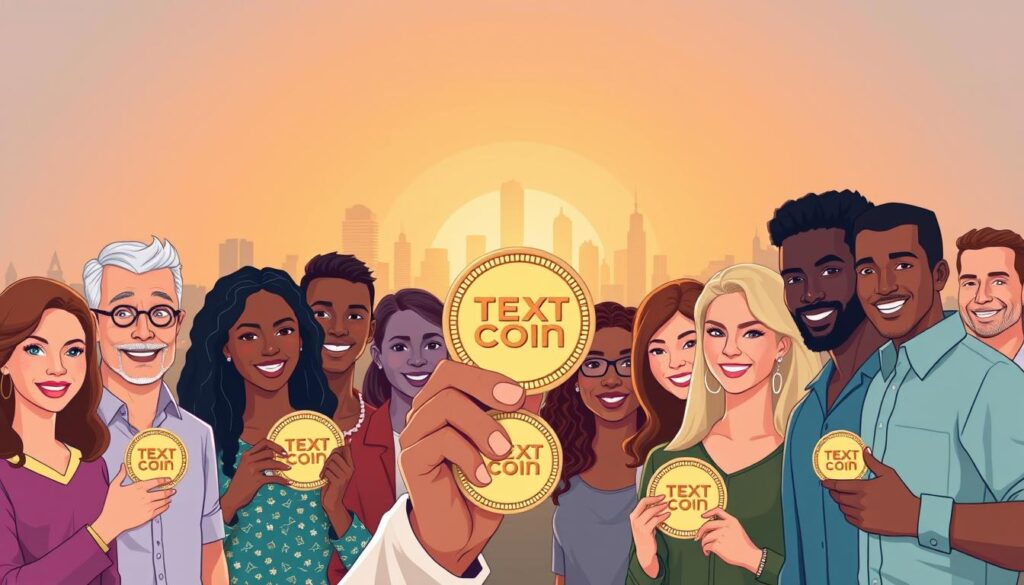 A diverse group of individuals representing the demographics of Texit Coin owners, captured in a vibrant and visually engaging illustration. In the foreground, a mix of people of different ages, genders, and ethnicities, each holding a physical Texit Coin, conveying a sense of community and ownership. In the middle ground, a cityscape with modern skyscrapers and infrastructure, symbolizing the technological and economic landscape in which Texit Coin operates. The background features a warm, golden-hued sunset, creating a sense of optimism and progress. The lighting is soft and diffused, highlighting the varied facial expressions and body language of the coin owners, conveying a mood of confident investment and financial empowerment.