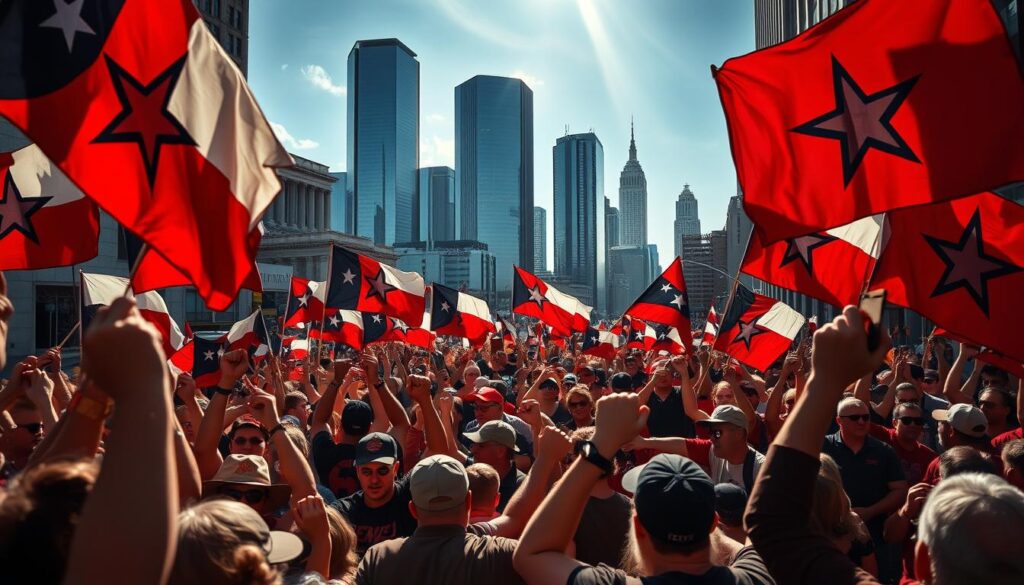A dramatic political protest scene in the heart of Texas, featuring passionate demonstrators waving flags and banners emblazoned with the lone star emblem. The foreground is a chaotic mix of determined faces, raised fists, and vibrant nationalist imagery. In the middle ground, a sea of protesters march through the streets, their energy palpable. The background is a striking skyline of towering skyscrapers, casting long shadows over the crowd, evoking a sense of the larger political and economic forces at play. The lighting is dramatic, with shafts of light piercing the scene, creating a sense of intensity and urgency. The overall mood is one of fervent patriotism, as the Texas nationalist movement flexes its political muscle.