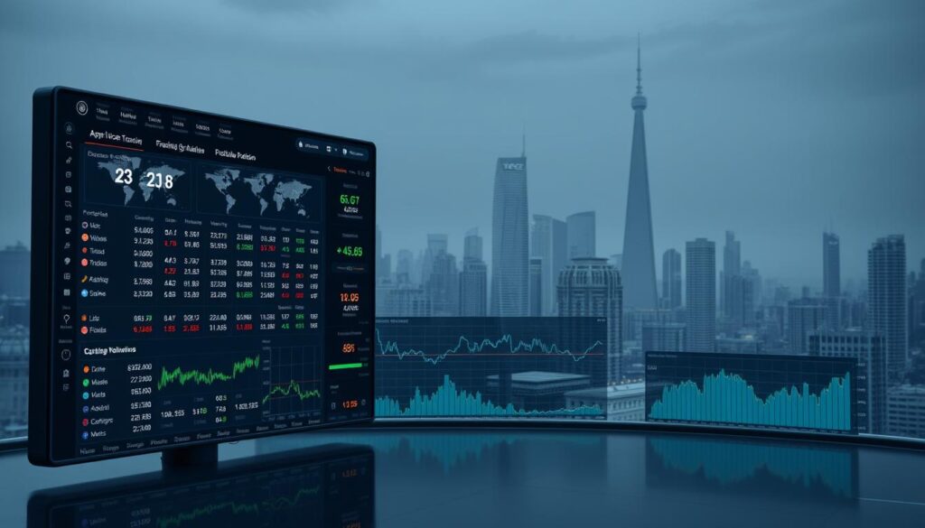 A dynamic crypto token tracking dashboard, featuring a sleek interface with real-time market data visualizations. The foreground showcases a comprehensive overview of various cryptocurrency prices, trading volumes, and performance metrics, displayed on high-resolution screens with crisp, clean typography. The middle ground depicts interactive charts and graphs that illustrate market trends, price fluctuations, and trading patterns over time, allowing users to gain deeper insights into the crypto ecosystem. In the background, a muted, futuristic cityscape provides a subtle, yet striking backdrop, evoking a sense of technological innovation and progress. Subtle lighting and a cool color palette create a professional, data-driven atmosphere, perfectly complementing the dashboard's functionality and purpose.