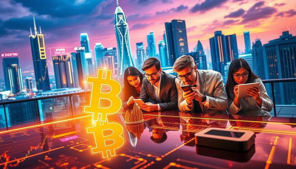 A dynamic cryptocurrency trading scene. In the foreground, a stylized Bitcoin symbol glows with a golden light, casting warm reflections on the glossy surface of a sleek, high-tech trading console. Holographic charts and data visualizations float in the air, showcasing the ebb and flow of digital currency markets. In the middle ground, a diverse cast of investors, analysts, and entrepreneurs lean in, deeply immersed in their screens and devices, their faces alight with the thrill of the digital gold rush. The background is a futuristic cityscape, gleaming skyscrapers and towering data centers set against a vibrant, neon-tinged skyline, hinting at the transformative impact of cryptocurrency on the modern business landscape.
