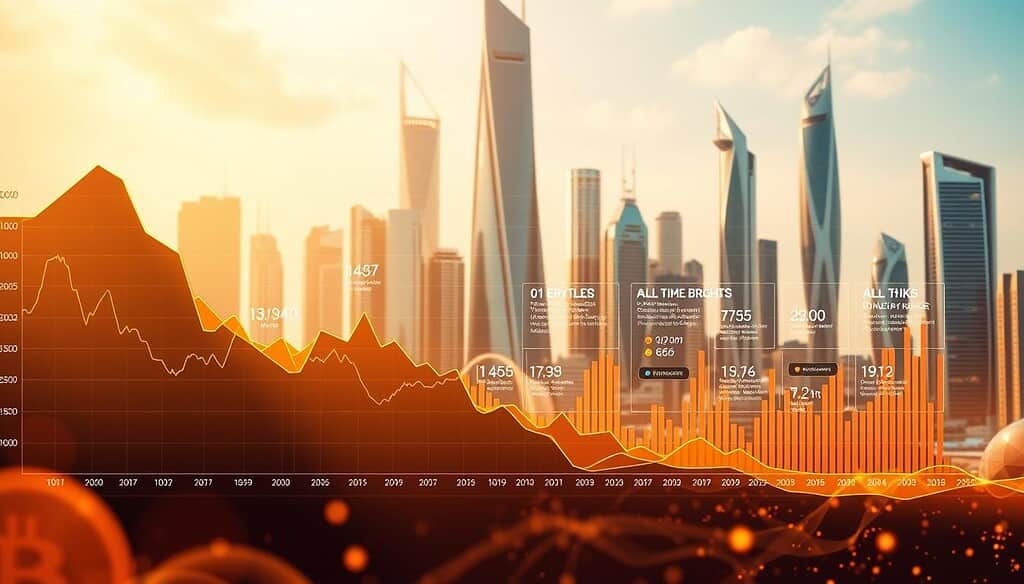 A dynamic, data-driven visualization depicting the historical performance milestones of a cryptocurrency. In the foreground, a series of line graphs and bar charts illustrate the coin's value fluctuations over time, rendered with a realistic, high-contrast style. The middle ground showcases key events and achievements, such as all-time highs, major upgrades, and significant partnerships, presented as elegant, three-dimensional infographic elements. The background features a sleek, futuristic cityscape with towering skyscrapers, hinting at the coin's broader impact and integration within the digital economy. The overall scene is bathed in a warm, golden lighting that conveys a sense of progress and prosperity.