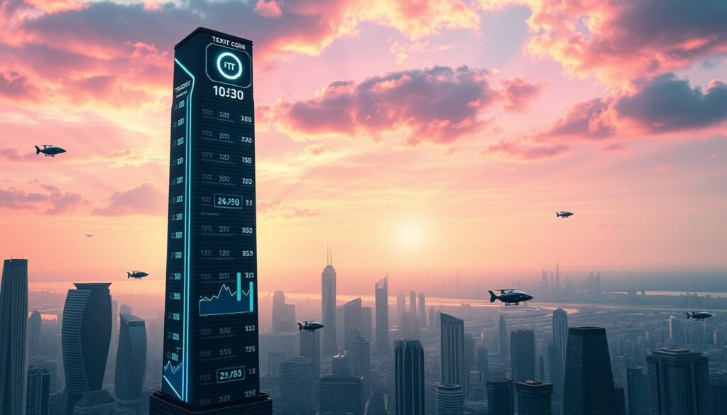 A futuristic cityscape against a vibrant, neon-infused sky. In the foreground, a towering digital hologram displays the price chart of Texit Coin, its price trajectory soaring dramatically towards 2030. The chart is rendered in striking 3D, with intricate data visualizations and transparent, floating interfaces. In the middle ground, sleek skyscrapers and flying vehicles populate the urban landscape, reflecting the city's advanced, tech-driven economy. The background features a sprawling metropolis, its architecture a blend of modern and neo-futuristic elements. Subtle rays of light pierce through the clouds, creating an atmosphere of promise and possibility surrounding the Texit Coin's promising forecast.