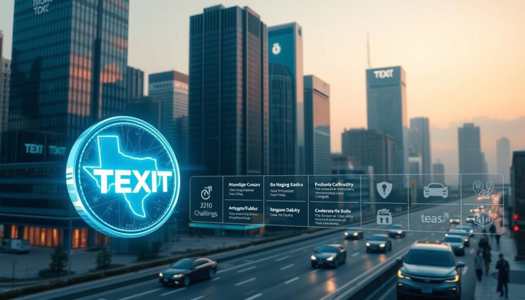 A futuristic cityscape at dusk, with a focus on a gleaming, holographic Texit Coin hovering prominently in the foreground. The coin casts a soft, ethereal glow, illuminating the surrounding skyscrapers and autonomous vehicles navigating the streets below. In the middle ground, a series of digital displays showcase various challenges and security concerns related to the integration of the Texit Coin into the automotive industry, including issues of cybersecurity, data privacy, and regulatory oversight. The background is hazy, with a subtle hint of the Texit Coin's logo reflected on the mirrored surfaces of the buildings, creating an ominous and uncertain atmosphere.