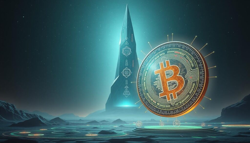 A futuristic, ethereal landscape where the "Texit Coin Creator Vision" takes form. In the foreground, a colossal, glowing cryptocurrency coin hovers, its surface a swirling matrix of digital code. Surrounding it, an abstract, holographic interface displays intricate schematics and arcane symbols, hinting at the visionary mind behind this cryptic project. In the middle ground, a towering, angular structure rises, its facade adorned with a mosaic of shifting, neon-tinged data streams. The background fades into a deep, starry abyss, as if the scene exists in a realm beyond our own, where the boundaries of technology and imagination converge. Backlighting casts an otherworldly glow, imbuing the entire composition with a sense of mystery and boundless possibility.