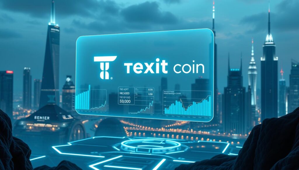 A futuristic landscape with a floating holographic display showcasing the "Texit Coin" logo and price prediction data. The scene is bathed in a cool, neon-tinged lighting, creating an atmosphere of technological innovation and financial speculation. In the foreground, sleek, minimalist data visualizations hover in midair, presenting charts and graphs illustrating the coin's projected value trends. The background features a cityscape of towering skyscrapers and gleaming spires, conveying a sense of a bustling, high-tech financial hub. The composition should create a sense of awe and intrigue around the Texit Coin's future potential.