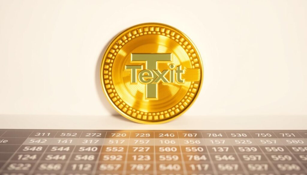 A gleaming, metallic digital currency coin with the "Texit" logo prominently displayed on its face, set against a crisp, clean background. The coin is illuminated by a soft, diffused light, casting subtle shadows that give it a sense of depth and solidity. In the foreground, a grid of numerical data representing the transaction fees associated with the Texit Coin, rendered in a clear, legible typeface. The overall composition conveys a sense of professionalism, innovation, and financial transparency, reflecting the "Background of Texit Coin" section of the article.