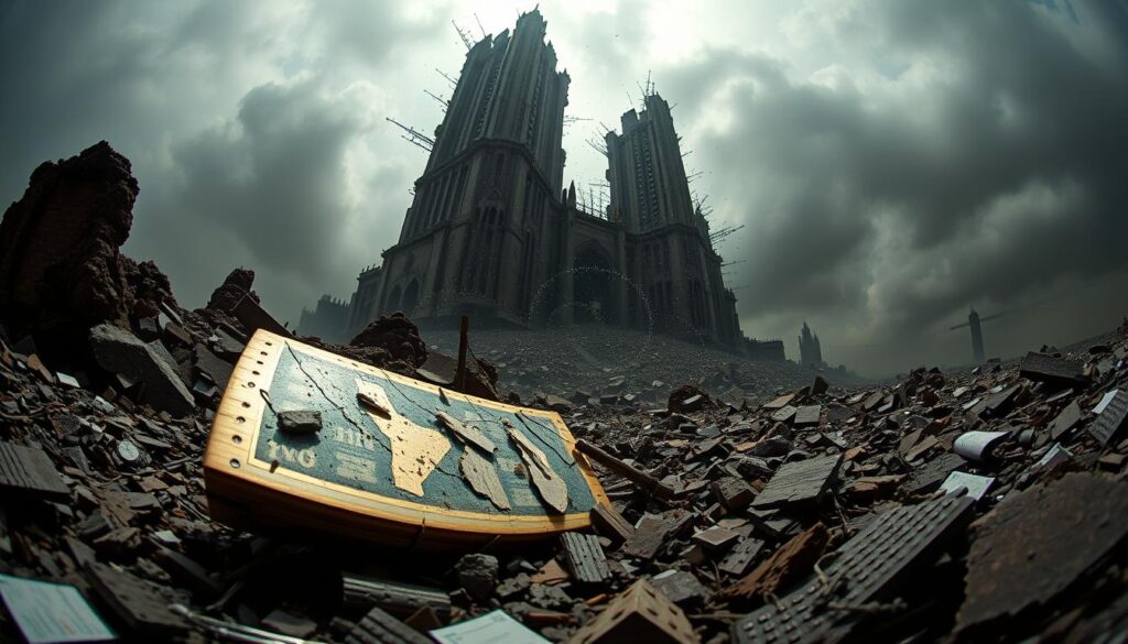 A grim landscape of a crumbling financial empire, the Texit Coin's downfall. In the foreground, a shattered digital ledger lies amidst the debris, its once-gleaming records now corrupted. Towering behind it, a distorted, ominous structure represents the collapse of the currency's foundational infrastructure. In the middle ground, a swirling vortex of data and code fragments symbolizes the chaotic unraveling of the system. The background is shrouded in a hazy, foreboding atmosphere, suggesting the far-reaching consequences of the Texit Coin's demise. Dramatic lighting casts harsh shadows, accentuating the sense of crisis and uncertainty. A fisheye lens distorts the scene, heightening the feeling of instability and the overwhelming nature of the crash.