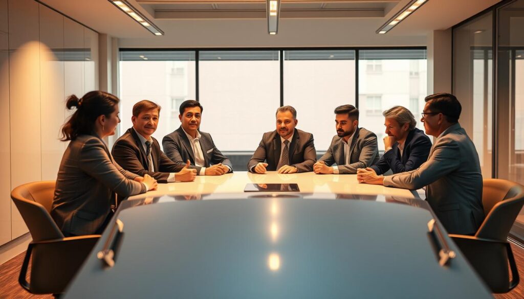A group of distinguished individuals seated around a sleek conference table, engaged in a thoughtful discussion. The lighting is warm and professional, casting a subtle glow on their faces. The background is a modern, minimalist office space with floor-to-ceiling windows, providing a sense of transparency and openness. The team members exude an air of confidence and expertise, their body language and expressions conveying their dedication to the project. The overall scene evokes a sense of trust, collaboration, and a shared vision for the future of Texit Coin.