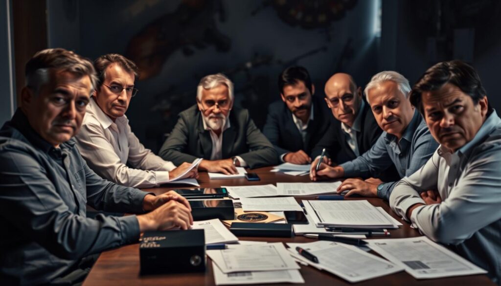 A group of suspicious-looking individuals seated around a table, their expressions suggesting a lack of credibility and trustworthiness. The table is cluttered with various documents and electronic devices, hinting at shady business dealings. The lighting is harsh and unflattering, casting dramatic shadows across their faces. The background is blurred and nondescript, drawing the viewer's attention to the questionable leadership team at the center of the frame. An ominous atmosphere pervades the scene, leaving the viewer with a sense of unease and skepticism towards the Texit Coin project.