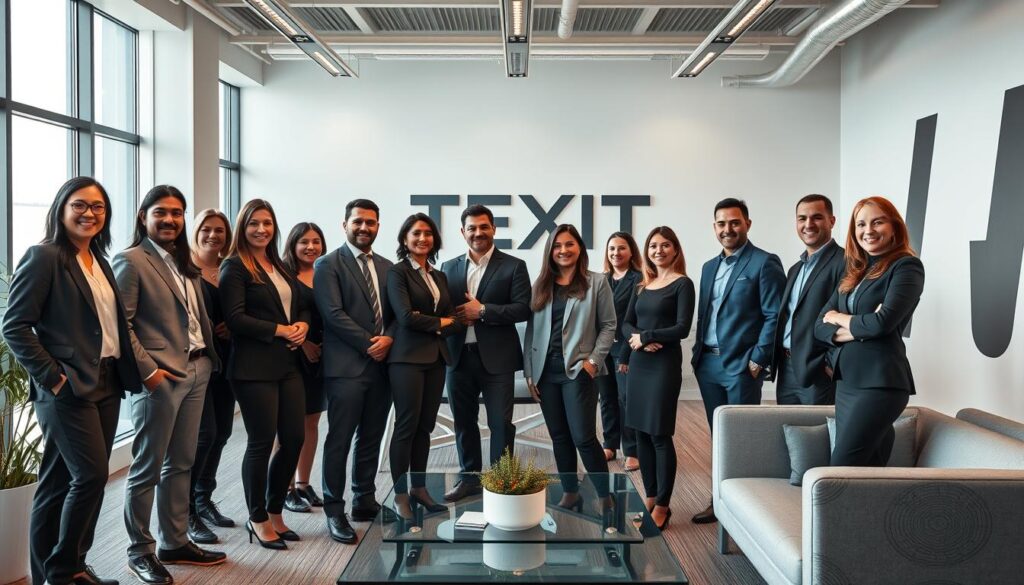 A group portrait of the TEXITcoin team leadership in a modern, minimalist office setting. The foreground features the team members - diverse individuals in business attire, engaged in discussion and collaboration. Their expressions convey a sense of confidence and determination. The middle ground showcases the team's workspace, with clean lines, large windows, and sleek furniture creating an atmosphere of professionalism and innovation. The background subtly hints at the company's branding and values, with muted tones and abstract geometric shapes. Warm, directional lighting from multiple angles highlights the team's faces and the textured surfaces, creating depth and a sense of depth. The overall composition and mood reflect the team's expertise, unity, and the forward-thinking spirit of the TEXITcoin project.