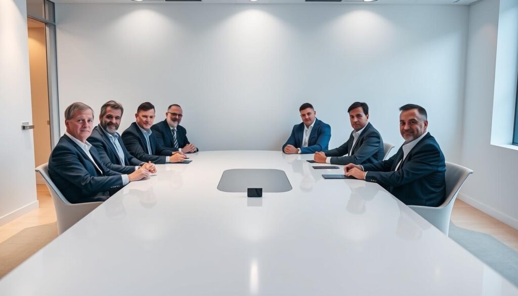 A group portrait of the Texit Coin Commission members, sitting around a sleek, modern conference table in a well-lit, minimalist office space. The commissioners, dressed in professional attire, are engaged in a serious discussion, their expressions focused and thoughtful. The lighting is soft and directional, casting gentle shadows that accentuate the contours of their faces. The scene is captured from a slightly elevated angle, giving a sense of authority and gravitas to the proceedings. The overall atmosphere is one of deliberation and decision-making, reflecting the important role the Texit Coin Commission plays in shaping the future of the cryptocurrency.
