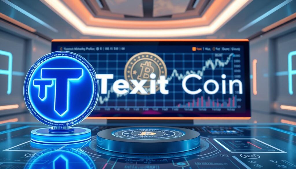 A high-quality, cinematic render of the "Texit Coin" market capitalization displayed on a sleek, futuristic digital interface. The foreground showcases the coin's logo and name prominently, with dynamic 3D elements and holographic effects. The midground features a detailed, animated chart tracking the coin's market performance, rendered with precise data visualization. The background depicts a minimalist, tech-inspired environment, with subtle lighting and reflections creating a sense of depth and sophistication. The overall composition conveys a sense of authority, innovation, and the growth potential of the "Texit Coin" investment opportunity.