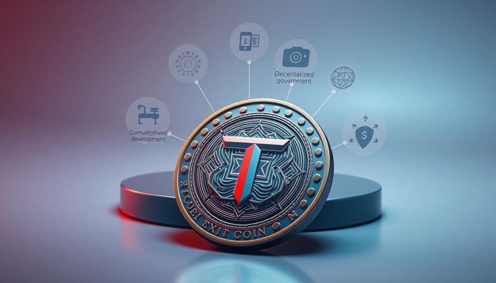 A high-quality, photorealistic image of a futuristic Texit Coin with various use case icons floating above it. The coin is rendered in 3D, with intricate metallic textures and a glossy surface. The use case icons are stylized, representing features like secure transactions, decentralized governance, and community-driven development. The image has a sleek, modern aesthetic, with a dramatic lighting setup casting dramatic shadows. The background is a minimalist, gradient-based environment, keeping the focus on the coin and its use cases. The overall mood is one of innovation, technological advancement, and the potential of the Texit Coin ecosystem.
