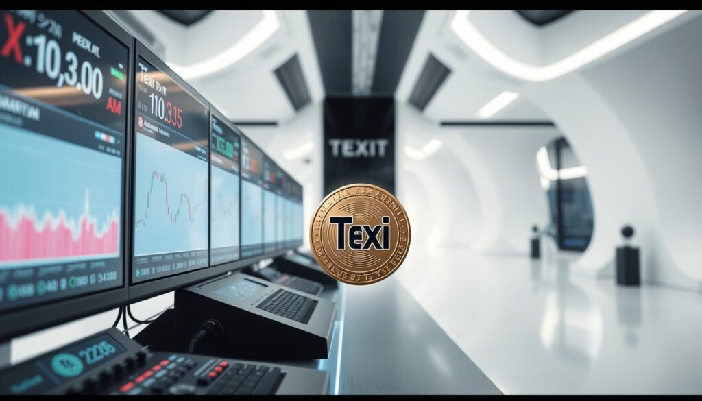 A high-quality, visually striking image of a Texit coin exchange platform, captured in a clean and modern setting. The foreground features several digital displays showcasing the Texit coin's price and trading data, with a clean user interface and intuitive controls. The middle ground showcases the Texit coin itself, rendered in a detailed, three-dimensional form with a metallic sheen. The background is a minimalist, well-lit environment with sleek, futuristic architecture, creating a sense of technological sophistication. The lighting is soft and diffused, creating a calm and professional atmosphere, while the camera angle is slightly elevated, providing a comprehensive view of the exchange platform.