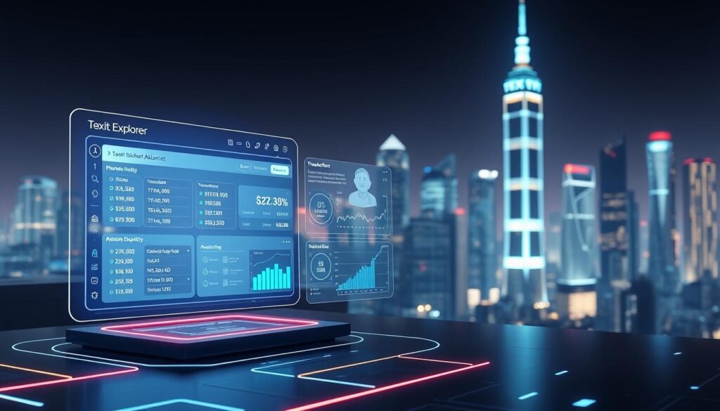 A high-resolution, 3D-rendered image of a futuristic block explorer tool interface for the Texit cryptocurrency. The foreground features a sleek, holographic display showcasing transaction details, wallet balances, and network activity. The middle ground includes interactive data visualizations and analytic tools, with a clean, minimalist aesthetic. In the background, a shimmering, neon-lit cityscape serves as a backdrop, symbolizing the global nature of the Texit network. The lighting is soft and diffused, creating a sense of depth and dimensionality. The overall mood is one of technological sophistication, transparency, and empowerment for cryptocurrency users.