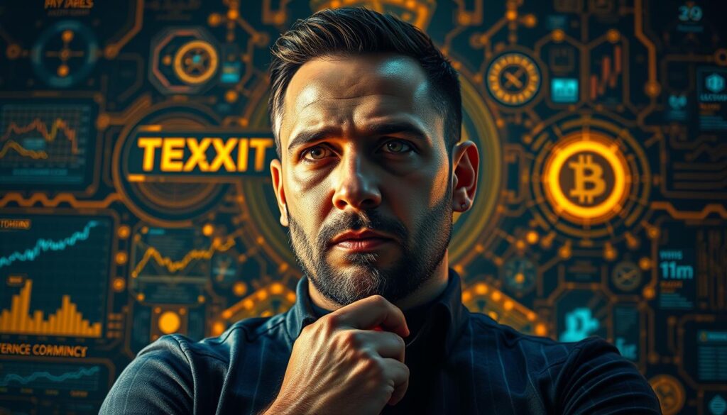 A high-resolution, cinematic portrait of Bobby Gray, the founder of Texit Coin, set against a detailed, intricate background. Gray is depicted in a thoughtful, serious pose, his expression conveying determination and vision. The lighting is dramatic, with warm, golden tones illuminating his face and upper body, creating a sense of depth and atmosphere. The background is a complex, layered scene depicting the early stages of the Texit Coin project, with data visualizations, charts, and images of the blockchain technology that powers the cryptocurrency. The overall mood is one of focus, innovation, and the pursuit of a bold, ambitious goal.