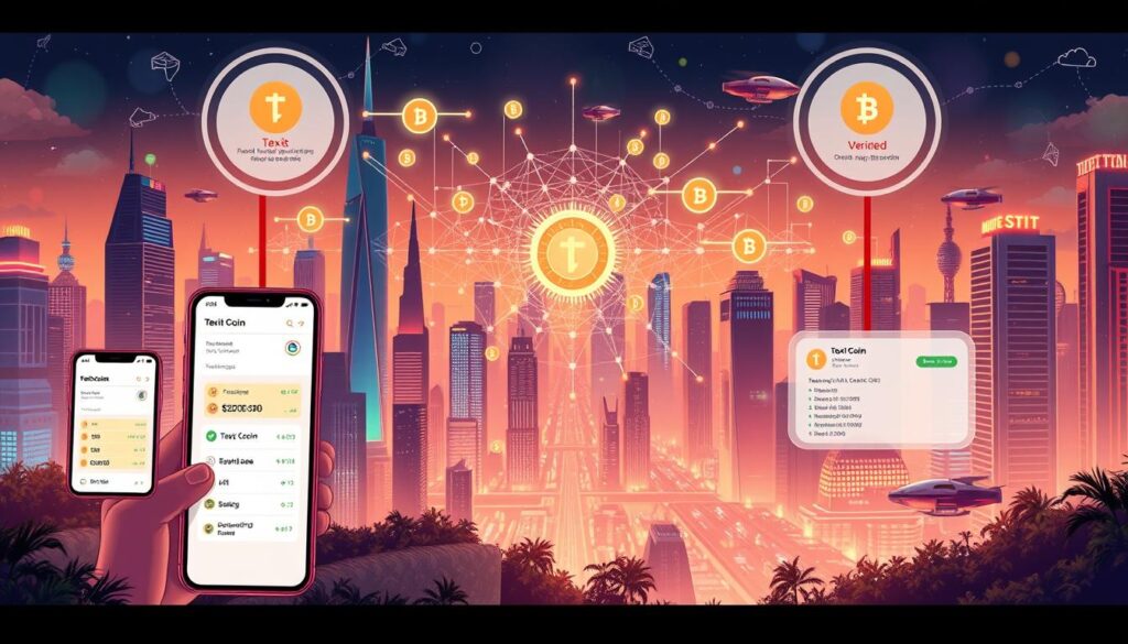 A high-resolution, detailed illustration of various Texit Coin transaction types. In the foreground, a series of digital wallets and transaction screens showcasing different transaction flows - sending, receiving, exchanging, and staking Texit Coins. In the middle ground, a complex blockchain visualization with nodes, blocks, and verified transactions. In the background, a futuristic cityscape with skyscrapers, hover cars, and a vibrant, neon-lit atmosphere. Lighting is a blend of warm tones from the city lights and cool, digital hues from the blockchain elements. The overall scene conveys the power, innovation, and transparency of the Texit Coin ecosystem.
