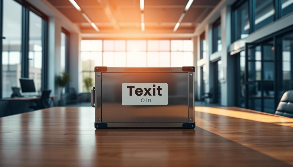 A high-resolution, detailed image of a sturdy metal storage container labeled "Texit Coin" against a backdrop of a sleek, modern office interior. The container is positioned on a polished wood desk, with clean lines and a minimalist aesthetic. Natural light streams in through large windows, casting a warm glow on the scene. The overall atmosphere conveys a sense of security, organization, and professionalism, befitting the safe storage of a valuable digital currency.