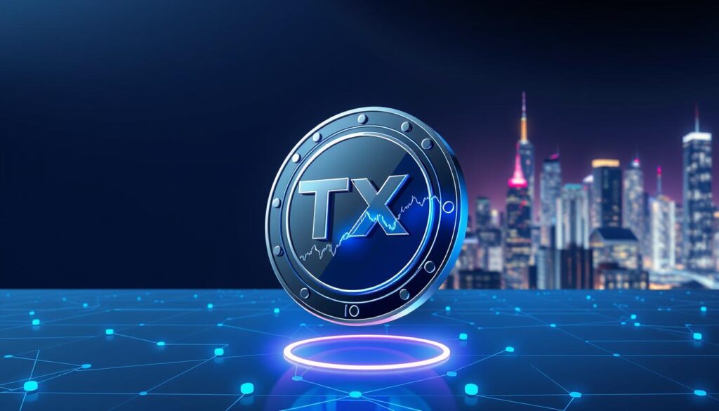 A high-resolution digital illustration depicting the price prediction of the Texit cryptocurrency. The foreground features a glossy, futuristic-looking Texit coin hovering over a holographic display showing a line graph representing the coin's price fluctuations. The middle ground showcases a sleek, minimalist blockchain-inspired background, with geometric shapes and lines in muted tones of blue and gray. The background layer depicts a cityscape with skyscrapers and a vibrant, neon-lit skyline, creating a sense of a technologically advanced and dynamic financial landscape. The overall mood is one of sophistication, innovation, and optimism, reflecting the potential of the Texit coin in the emerging cryptocurrency market.