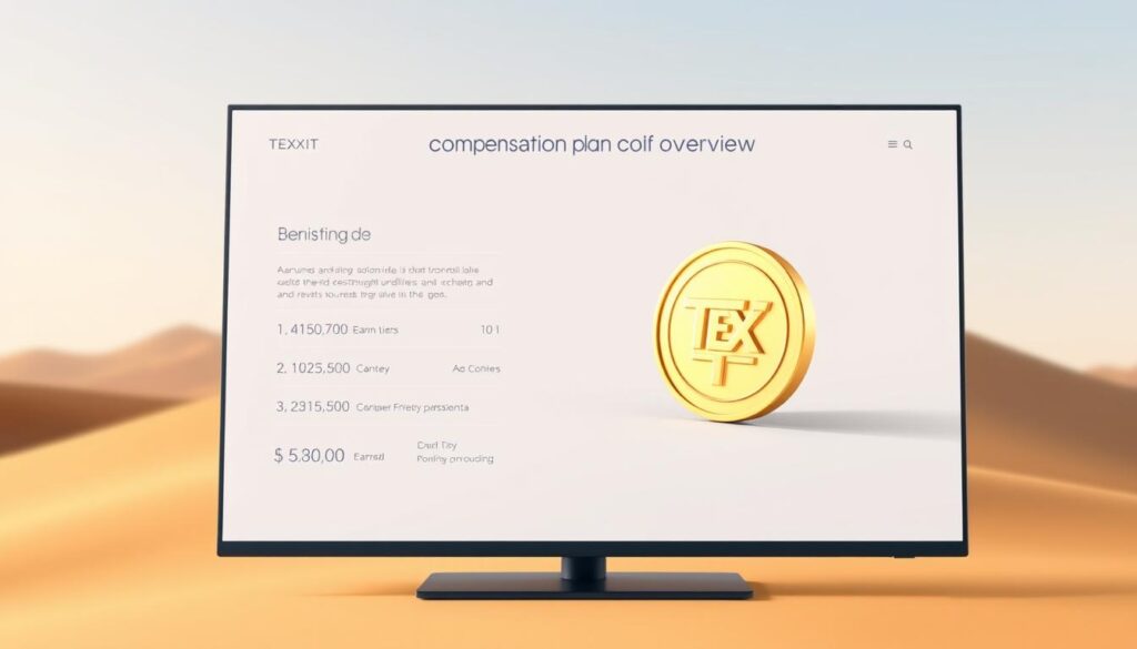 A high-resolution, digital illustration of a "Texit Coin Compensation Plan Overview" on a sleek, modern interface. In the foreground, a clean, minimalist layout displays key details about the plan, including benefits, earning tiers, and payout structure, all rendered in a sophisticated, data visualization style. The middle ground features a stylized, three-dimensional Texit coin model, casting dynamic shadows and reflections. The background is a subtly blurred, gradient-based landscape, evoking a sense of depth and professionalism. The overall mood is one of clarity, authority, and financial credibility, suitable for an informative section on a Texit Coin-related FAQ.