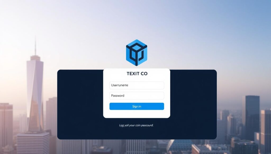 A high-resolution digital illustration showcasing the login interface for the Texit Coin cryptocurrency dashboard. The foreground features a sleek and modern login screen with input fields for username and password, alongside a prominent "Sign In" button. The middle ground showcases the Texit Coin logo, a stylized hexagonal shape with a striking color scheme of blues and grays. The background depicts a minimalist cityscape, hinting at the global reach and accessibility of the Texit Coin platform. The overall composition conveys a sense of security, professionalism, and user-friendliness, inviting the viewer to securely access their Texit Coin account.