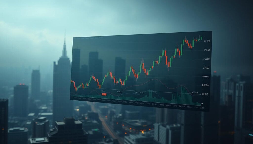 A highly detailed and meticulously crafted stock chart floating in a dimly lit, moody environment. In the foreground, the price line of Texit Coin dances across the screen, rendered with precise accuracy and subtle shading. In the middle ground, candlestick data, volume indicators, and other technical analysis tools are displayed in a clean, uncluttered layout. The background features a hazy, atmospheric cityscape, suggesting the global reach and significance of the cryptocurrency market. Dramatic lighting from the side casts dramatic shadows, heightening the sense of depth and drama. The entire scene is captured with a wide-angle lens, providing a cinematic, immersive perspective.