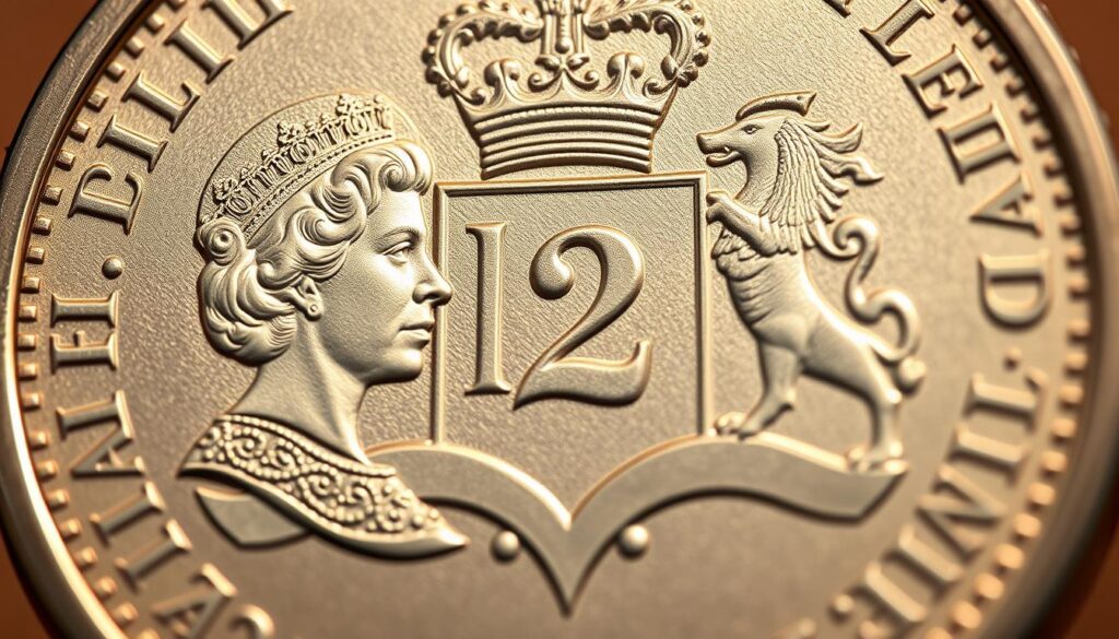 A highly detailed, photorealistic rendering of the new £2 coin design features. In the foreground, the intricate engraved portrait of Her Majesty Queen Elizabeth II stands in sharp relief, surrounded by a decorative border and micro-text. In the middle ground, the denomination "£2" is prominently displayed, with delicate guilloche patterns radiating outwards. The background depicts the iconic royal shield, rendered with meticulous attention to the heraldic elements and textures. The lighting is natural and directional, casting subtle shadows that accentuate the depth and dimensionality of the design. The entire composition is captured with a shallow depth of field, giving a sense of high-quality, professional photography.