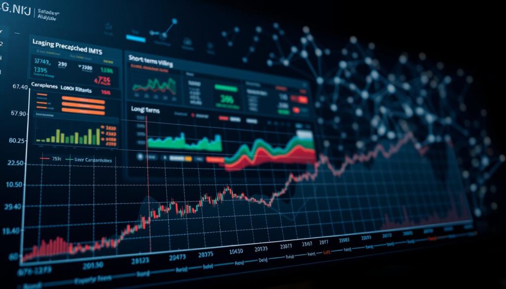 A highly detailed, technical chart depicting the contrast between short-term and long-term forecasting analysis. The foreground features a sleek, modern graph with crisp data visualizations, showcasing the divergence between short-term and long-term price predictions. The middle ground includes a sophisticated dashboard with advanced analytics tools, while the background subtly blends in a complex algorithm network, symbolizing the computational power behind the analysis. The lighting is bold and directional, creating depth and drama. The overall mood is one of data-driven decision-making and financial foresight.