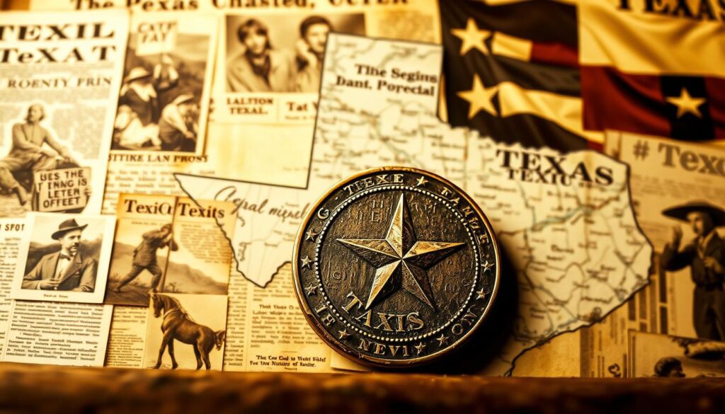 A historical depiction of the origins of Texit Coin, a digital currency inspired by the Texas secession movement. In the foreground, a rugged, handcrafted-looking coin featuring the Lone Star of Texas. In the middle ground, a sepia-toned map of the state of Texas, with the coin superimposed. In the background, a collage of vintage newspaper clippings, documents, and imagery related to the Texit movement - protest signs, political figures, and the Texas flag. The scene is lit by warm, golden light, conveying a sense of nostalgia and historical importance. The overall composition evokes the pioneering, independent spirit of Texas and the grassroots origins of the Texit Coin project.