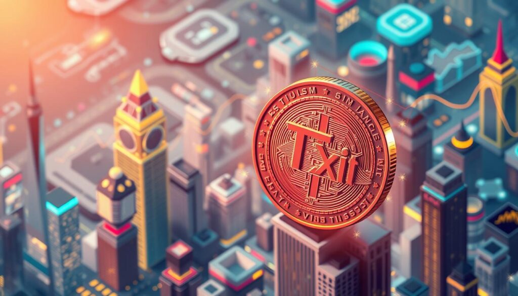 A mesmerizing isometric cityscape backdrop, with gleaming skyscrapers and a vibrant, futuristic aesthetic. In the foreground, a prominent, three-dimensional Texit coin model, its surface shimmering with intricate details and a sense of solidity. The coin is surrounded by a halo of shimmering, translucent data visualizations, highlighting its investment potential through graphs, charts, and infographics. Warm, directional lighting casts dramatic shadows, evoking a sense of depth and grandeur. The overall composition conveys the power, stability, and growth potential of Texit coin, making it an alluring investment opportunity.