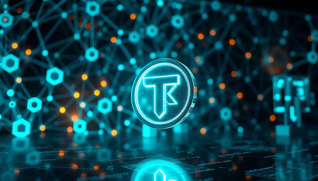 A meticulously crafted blockchain technology scene, showcasing the Texit Coin crypto digital asset. In the foreground, a gleaming Texit Coin symbol levitates, radiating a cool, futuristic glow. Behind it, a complex lattice of interconnected blockchain nodes and data visualizations creates a captivating, three-dimensional backdrop. The scene is illuminated by a dramatic, directional lighting setup, casting sharp shadows and highlighting the intricate details. The overall mood is one of technological sophistication and innovation, reflecting the cutting-edge nature of the Texit Coin crypto ecosystem.