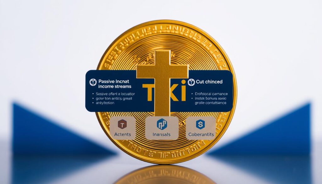A meticulously designed cryptocurrency coin in the foreground, with a sleek and modern aesthetic. The coin is emblazoned with the "Texit" logo, casting a warm, golden glow. In the middle ground, a series of graphical elements depicting the benefits of the Texit Coin Affiliate Program, such as passive income streams, referral bonuses, and growth opportunities. The background features a minimalist, geometric pattern in complementary colors, creating a sense of depth and sophistication. The overall composition conveys the professionalism, reliability, and lucrative potential of the Texit Coin Affiliate Program.