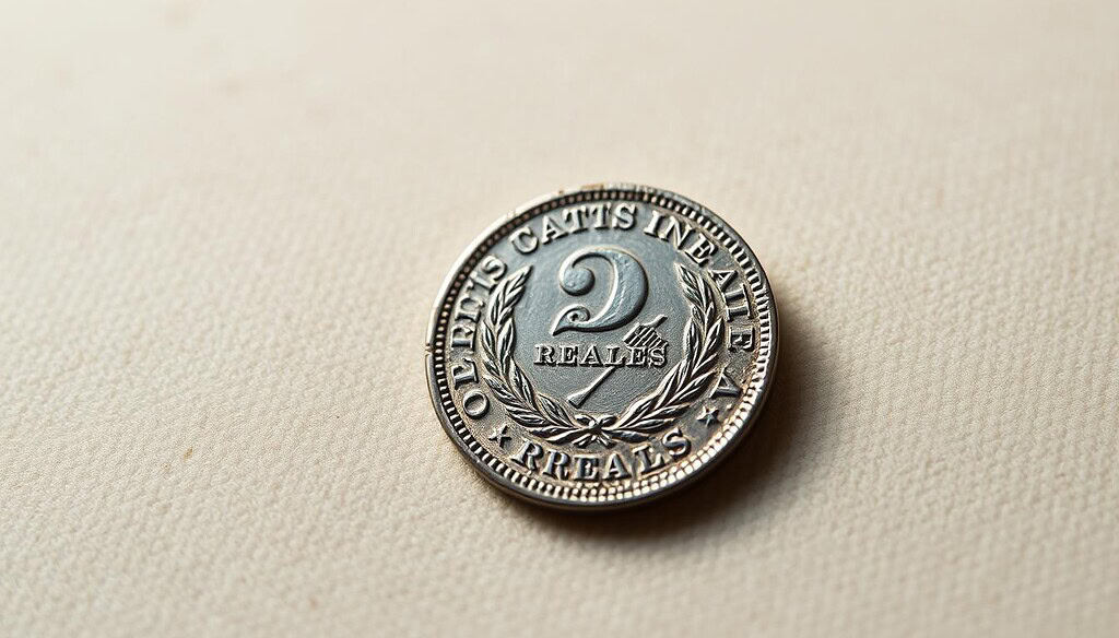 A meticulously detailed close-up shot of a 2 reales silver coin resting on a soft, velvety surface. The coin's intricate design and pristine condition are sharply in focus, revealing the intricate engravings and the distinct patina. The lighting is soft and diffused, casting subtle shadows that accentuate the coin's depth and dimensions. The background is a muted, neutral tone, allowing the coin to take center stage and command the viewer's attention. The overall mood is one of reverence and appreciation for the historical significance and numismatic value of this Spanish colonial treasure.