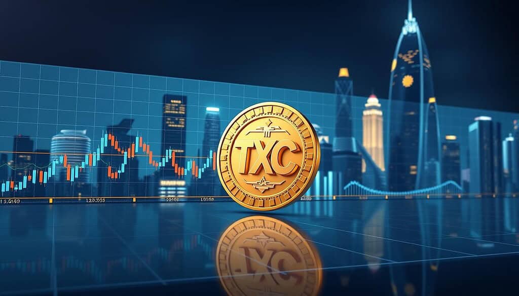 A meticulously rendered technical analysis data visualization for Texit Coin (TXC), presented against a sleek, futuristic backdrop. The foreground features a clean, uncluttered layout of candlestick charts, moving averages, and technical indicators, all rendered in a striking color palette of blues, grays, and accents of gold. The middle ground showcases a 3D model of the TXC cryptocurrency token, rotating gently to highlight its intricate design. In the background, a cityscape of towering skyscrapers and glowing neon lights creates an atmosphere of innovation and technological progress, complementing the financial data displayed. Lighting is dramatic, with strategically placed shadows and highlights to enhance the sense of depth and precision. The overall mood is one of sophistication, data-driven insights, and the future of digital finance.