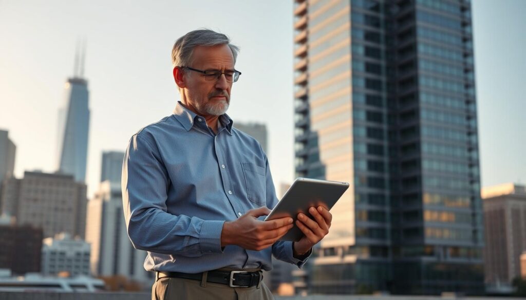 A middle-aged man, wearing a casual button-down shirt and slacks, stands confidently in front of a modern office building. His expression is pensive, as he contemplates the performance of the Texit cryptocurrency on a tablet in his hands. The scene is bathed in warm, directional lighting, casting subtle shadows that accentuate the man's features. In the background, a cityscape with towering skyscrapers and a clear, blue sky serves as a dynamic backdrop, suggesting the far-reaching impact of the digital currency market. The overall composition conveys a sense of thoughtful deliberation and the influence of age on investment decisions.