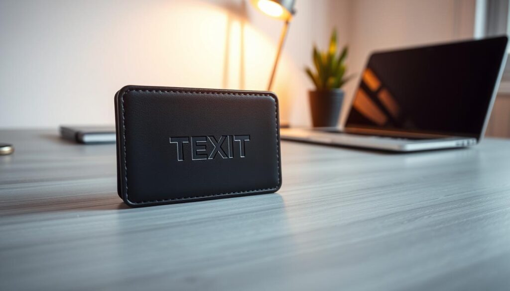 A modern and minimalist desktop setup with a sleek black Texit Coin cryptocurrency wallet prominently displayed on a gray wooden surface. The wallet features the Texit logo embossed on the front, casting a subtle metallic sheen under the warm, directional lighting. In the background, a clean and uncluttered workspace with a laptop, a stylish desk lamp, and a potted plant, creating a professional and focused atmosphere. The composition is balanced, with the wallet occupying the focal point, conveying a sense of reliability and accessibility for the Texit Coin system.