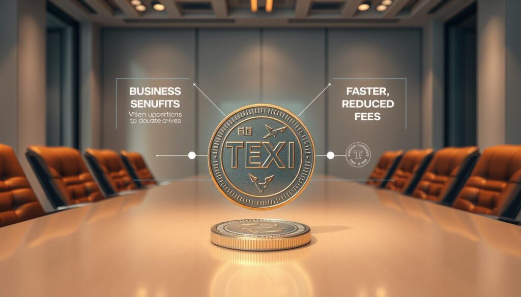A modern, clean-lined office interior with a large, sleek conference table surrounded by comfortable leather chairs. On the table, a crisp, high-resolution close-up of a physical Texit coin, its metallic surface shimmering under warm, directional lighting. The coin is the focal point, with the business benefits of using Texit prominently displayed as holographic projections hovering above it, conveying key information about increased security, faster transactions, and reduced fees. The scene exudes an atmosphere of innovation, professionalism, and technological advancement, capturing the transformative potential of Texit for enterprises.