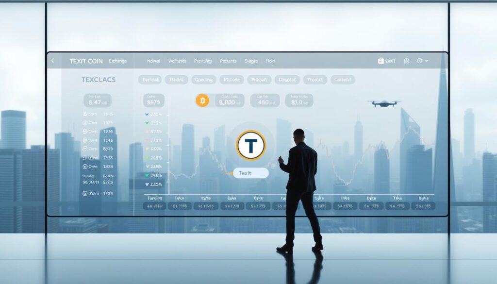 A modern cryptocurrency exchange interface with a sleek, minimalist design. In the center, a user is navigating the exchange, browsing the Texit Coin trading pair. The background features a futuristic cityscape with skyscrapers and hovering vehicles, hinting at the technological advancements powering this digital currency. Soft, diffused lighting creates an atmosphere of innovation and progress. The overall tone is one of confidence and excitement around the potential of Texit Coin as a cutting-edge blockchain solution.