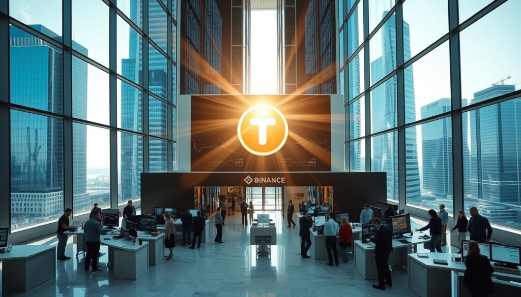 A modern cryptocurrency exchange set against a backdrop of sleek glass and steel skyscrapers, showcasing the Texit coin proudly displayed on a large digital screen. Sunlight streams in through the floor-to-ceiling windows, casting a warm glow over the polished marble floors and minimalist furnishings. Traders and investors congregate around interactive kiosks, carefully analyzing market data and executing trades with precision. The atmosphere is one of professionalism and innovation, reflecting the cutting-edge technology powering the exchange and the excitement surrounding the Texit coin's listing on the prestigious Binance platform.