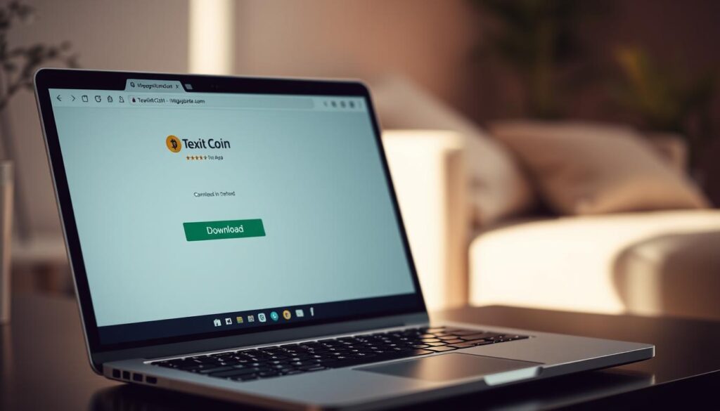 A modern laptop or desktop computer with a clean, minimalist workspace. On the screen, a web browser window displays the download page for the Texit Coin app, with a prominent "Download" button beckoning the user. The lighting is soft and warm, creating a calm, inviting atmosphere. The composition places the laptop in the foreground, with the download page filling the middle ground and a blurred background suggesting a comfortable, professional setting. The overall impression is one of ease and accessibility, conveying the simplicity of the Texit Coin app download process.