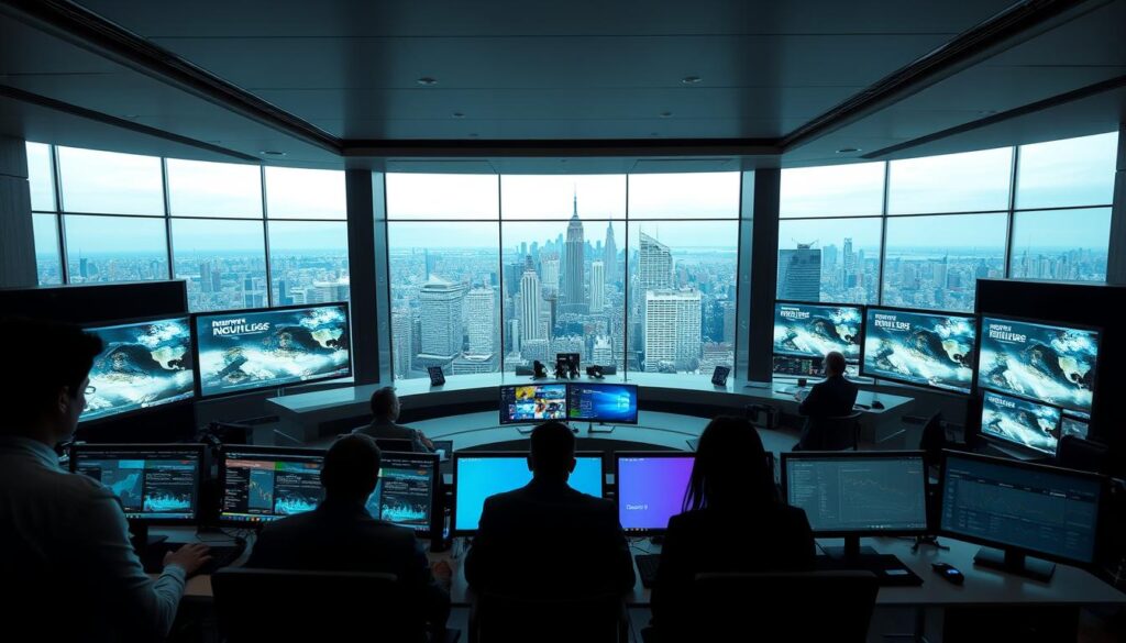 A modern newsroom interior with sleek, minimalist design. In the foreground, a group of journalists intently reviewing news updates on their computer screens, their faces lit by the glow of the displays. The middle ground features a central news desk with sophisticated equipment and large touchscreen monitors showcasing real-time analytics and social media trends. In the background, an expansive window provides a panoramic view of a bustling urban cityscape, reflecting the global reach and connectivity of the news operation. Soft, indirect lighting creates a professional, efficient atmosphere, while the use of muted tones and clean lines conveys a sense of authority and credibility.