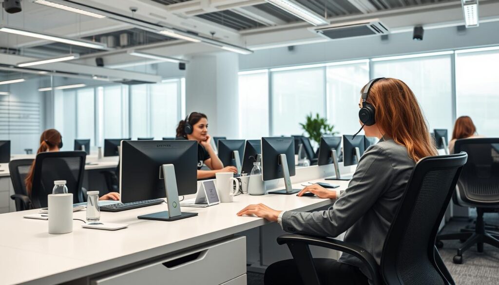 A modern, professional BitMart customer support office, featuring a team of friendly and attentive representatives assisting customers at their desks. Bright, airy lighting illuminates the space, with clean, minimalist decor and sleek, ergonomic workstations. The agents are engaged in active conversation, offering a personalized, high-quality user experience. The atmosphere is calm, efficient, and customer-focused, reflecting BitMart's commitment to providing excellent service. A subtle, futuristic aesthetic suggests the platform's technological sophistication and dedication to innovation.