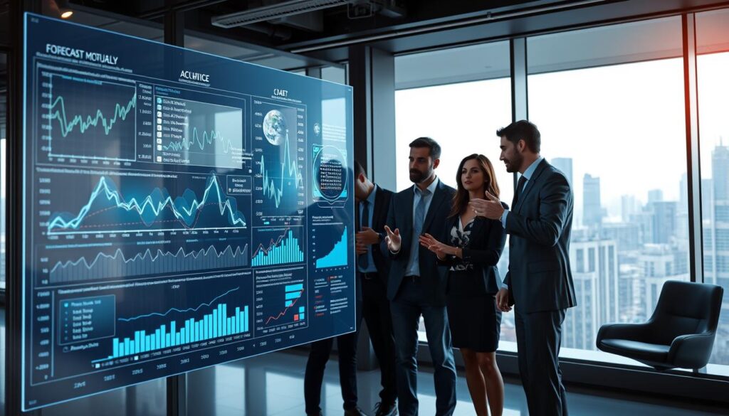 A modern, well-lit data visualization studio. In the foreground, a large holographic display shows detailed line graphs, bar charts, and statistical models, all related to forecast model accuracy analysis. Floating data points and trendlines create a sense of depth and complexity. In the middle ground, a team of analysts in smart casual attire examines the data, gesturing animatedly as they discuss the findings. The background features floor-to-ceiling windows overlooking a futuristic cityscape, adding a sense of scale and technological prowess. The lighting is a perfect balance of bright, directional illumination and soft, ambient glow, casting dramatic shadows and highlights on the scene. The overall mood is one of technological sophistication, rigorous analysis, and high-stakes decision making.