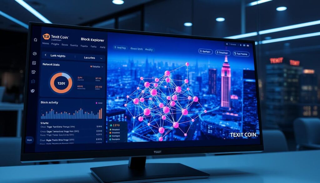 A real-time block explorer for Texit Coin, displayed on a sleek, high-resolution monitor. The foreground shows a comprehensive dashboard with up-to-date transaction data, block heights, network stats, and node activity. In the middle ground, a 3D visualization of the blockchain network pulsates with colorful nodes and interconnected pathways. The background features a futuristic cityscape, hinting at the widespread adoption and integration of Texit Coin. The lighting is cool and modern, with subtle holographic effects, creating an atmosphere of technological sophistication and transparency.