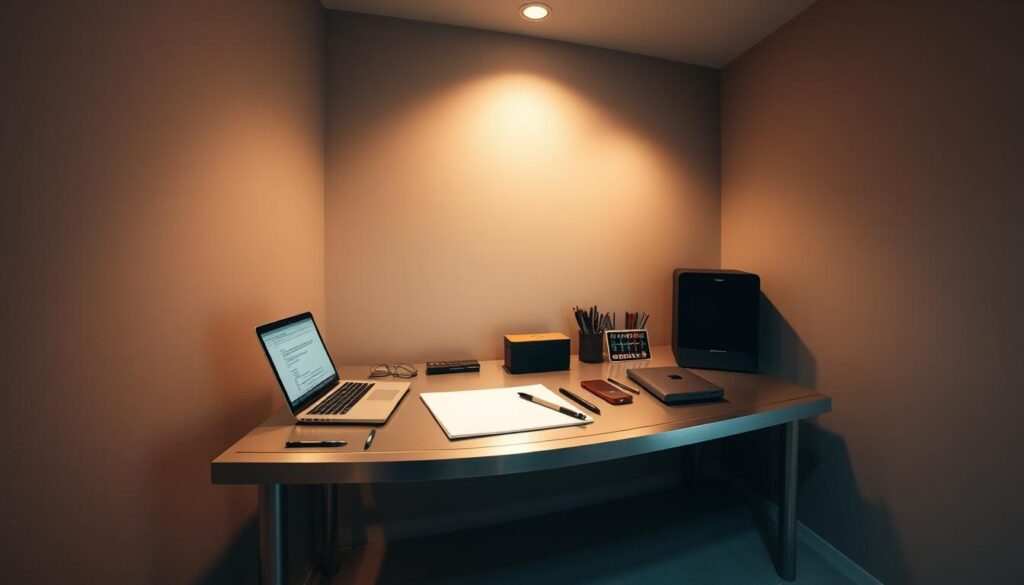 A secluded, minimalist workspace with a sleek, metallic workbench. On the desktop, a laptop, drawing tablet, and various digital tools symbolize the process of crypto creation. Soft, warm lighting from recessed ceiling fixtures illuminates the scene, casting subtle shadows that convey a sense of depth and sophistication. The background is a muted, neutral-toned wall, allowing the technological elements to take center stage. The overall atmosphere is one of focused, methodical innovation, reflecting the dedicated, enigmatic nature of the crypto creator.