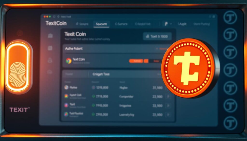 A secure Texit Coin dashboard, illuminated by warm lighting from a polished aluminum frame. In the foreground, a fingerprint scanner and multi-factor authentication options subtly hint at the robust security measures in place. The middle ground features a sleek, minimalist user interface, displaying account balances and transaction history. In the background, a subtle pattern of interlocking Texit Coin symbols conveys the sense of a well-protected digital fortress, ready to safeguard the user's crypto assets.